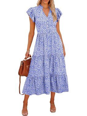 Caracilia Women's Blue Floral Neck Button Ruffle Sleeve Flowy Beach Midi Dress